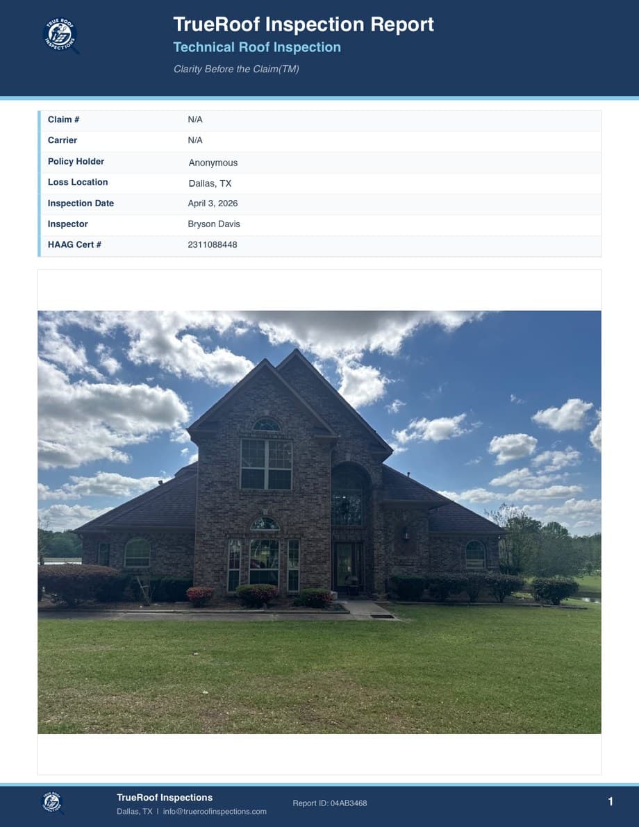 Sample True Roof inspection report, Cover (page 1 of 7)